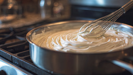 A close-up view of a stainless steel pan filled with a whipped creamy mixture being whisked on a modern kitchen stove, showcasing cooking artistry and delicious preparation.の素材