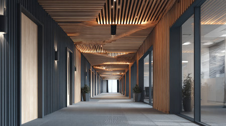 A sleek and modern office corridor featuring a wooden ceiling with LED lighting, creating an inviting and stylish atmosphere for professionals.の素材