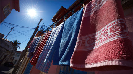 Brightly colored towels hang from a clothesline under the warm sunlight, showcasing vibrant hues in a charming outdoor setting, perfect for summer.の素材