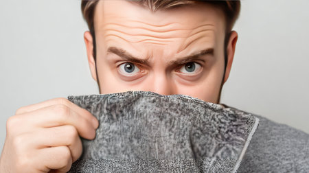 A young man holds a piece of cloth to his face, displaying a worried expression. His serious gaze conveys emotion and evokes feelings of concern.の素材