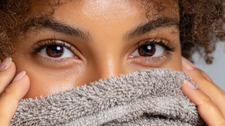 A captivating close-up portrait of a young woman with beautiful brown eyes holding a soft towel, offering a glimpse into her serene and joyful expression.の素材