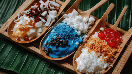 Experience the vibrant colors and textures of these tropical dessert bowls filled with diverse toppings, showcased on wooden spoons against lush green leaves.の素材