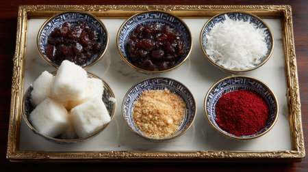 This image captures an intricate arrangement of diverse culinary ingredients presented in ornate bowls on an elegant tray, showcasing texture and color.の素材