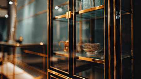 A close-up view of an elegant display cabinet featuring luxurious gold accents and glass shelves, ideal for showcasing beautiful decorative items.の素材