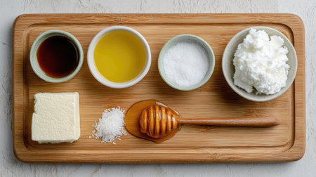 A visually appealing arrangement of essential culinary ingredients including honey, olive oil, vanilla extract, salt, and cottage cheese on a wooden board.の素材