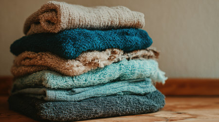A visually appealing arrangement of soft towels stacked neatly, showcasing various warm tones and textures against a wooden floor, perfect for a spa or home setting.の素材