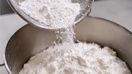A fine white powder is being sifted into a silver mixing bowl, capturing the essence of the baking process in a kitchen setting focused on culinary creativity.の素材
