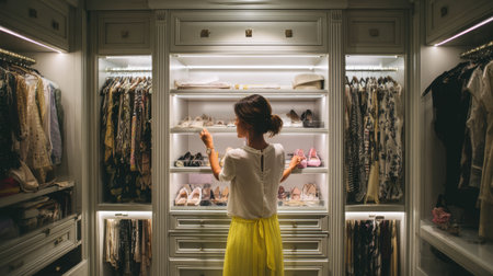 A woman stands in a beautifully organized closet, selecting stylish footwear and garments. This image captures the essence of fashion organization and personal style in a bright, modern interior.の素材