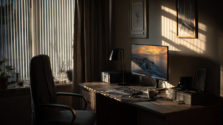 A warm and inviting home office featuring a modern computer setup with gentle sunlight streaming through the window, creating an ideal workspace for creativity.の素材