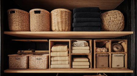 This image features a beautifully organized shelving unit, showcasing an array of woven baskets and neatly folded towels, perfect for a stylish home.の素材