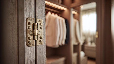 Close-up of an elegant brass hinge on a modern closet door. This image captures stylish clothing and soft lighting in a well-organized space.の素材