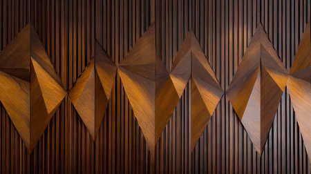 This image features an abstract wooden panel with geometric patterns, showcasing a rich texture and modern aesthetic ideal for interior design projects.の素材