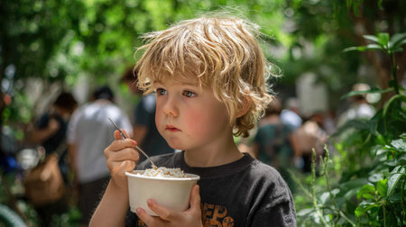 A young child with curly hair enjoys a bowl of food outdoors amidst lush greenery. The scene captures a moment of joy and innocence as the child explores flavors.の素材