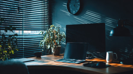 A cozy and modern home office setting featuring a wooden desk, laptop, plants, and nice lighting casting unique shadows, ideal for productivity.の素材