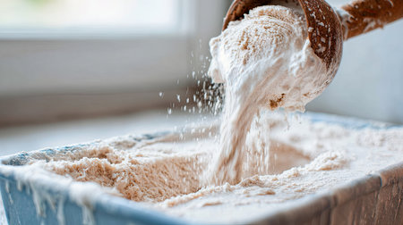 A close-up image capturing the moment flour is poured from a wooden scoop into a blue container, highlighting the texture of the powder in a bright kitchen.の素材