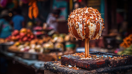 A beautifully presented candy apple topped with crunchy nuts and sweet sauce, standing out at a lively market scene filled with colorful treats.の素材