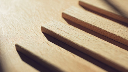 A detailed close-up image showcasing smooth wooden planks casting gentle shadows on a natural wood surface. The play of light emphasizes the beauty and warmth of the wood grain, ideal for design inspiration.の素材