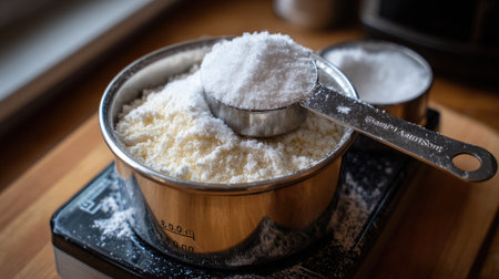 A close-up view of sugar and flour measured in a modern kitchen setting, showcasing metal utensils resting on a wooden surface, capturing the essence of culinary preparation.の素材