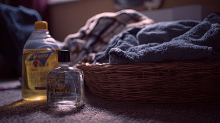 A serene indoor setting featuring a woven basket with towels, alongside cleaning supplies bathed in warm sunlight, highlighting a cozy and welcoming atmosphere.の素材