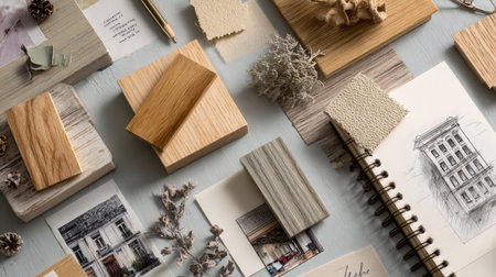 A meticulously arranged workspace featuring various natural elements, wooden textures, and handmade sketches ideal for inspiring creativity in design projects.の素材