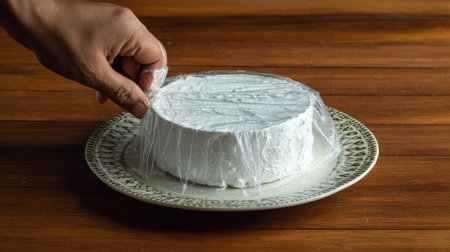 A hand carefully unwraps a plastic film from a soft cheese wheel placed on a decorative plate. The setting features warm wooden tones, reflecting culinary delights.の素材
