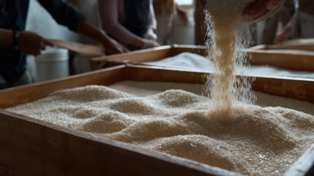 A captivating image showing the act of pouring uncooked grain into a wooden tray within a rustic milling environment, highlighting texture and natural light.の素材