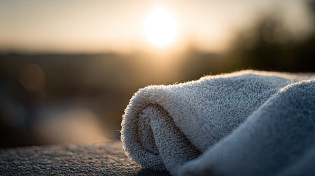 A soft grey towel is artistically rolled and placed near a warm sunset, creating a serene and tranquil atmosphere perfect for relaxation and comfort.の素材