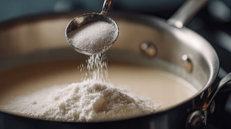 A close-up view of a spoon pouring granulated sugar into a pan filled with cream, showcasing the process of creating a delicious dessert in a kitchen setting.の素材