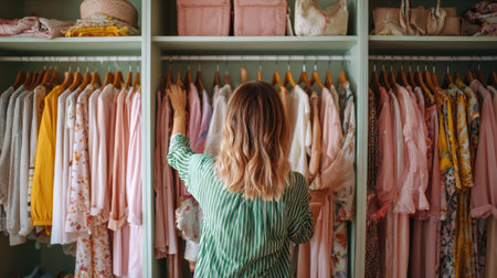 A woman is thoughtfully organizing her colorful wardrobe in a stylish closet, showcasing an array of pastel-colored clothing and elegant designs.の素材