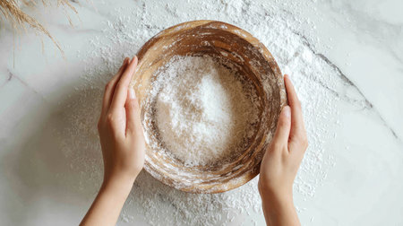 Close-up of hands gently holding a wooden bowl filled with flour, set against a stylish marble countertop, perfect for showcasing baking activities.の素材