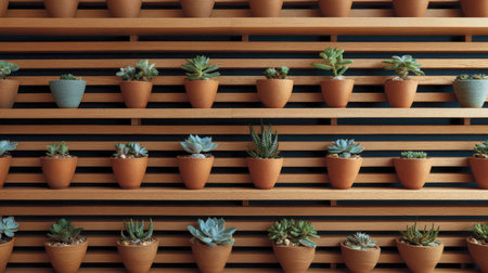 Vibrant collection of potted succulents displayed on a slatted wooden wall, showcasing various shapes and colors for an artistic home decor touch.の素材