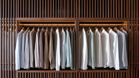 This image features an organized collection of formal shirts in various colors and textures, elegantly displayed in a modern wooden storage unit.の素材