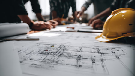 A dynamic scene showcasing teamwork among professionals analyzing blueprints at a workspace, highlighting the importance of collaboration in construction planning.の素材