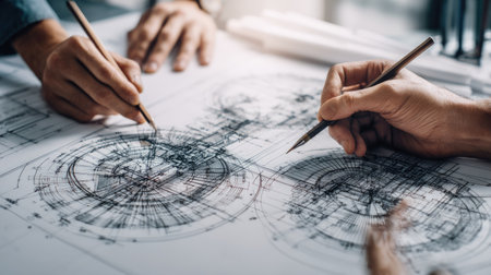 Two engineers work closely on intricate technical drawings, showcasing collaboration in architectural design. Their hands hold tools as they refine project details.の素材