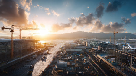 A vibrant construction site at an airport during sunrise, showcasing cranes and heavy machinery with a breathtaking cloud-filled sky and mountainous backdrop.の素材