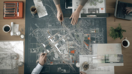A top-down view of hands engaged in urban planning, showcasing dynamic collaboration over a detailed map, blueprints, and creative tools on a table.の素材