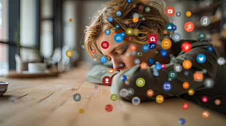 A contemplative young adult rests their head on a wooden desk amidst an array of vibrant social media icons, symbolizing digital connections and distractions in a stylish workspace.の素材