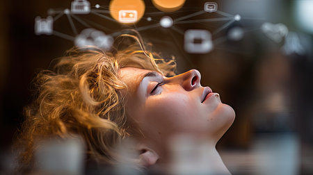 A thoughtful woman with curly hair gazes upward, immersed in reflections on digital media and technology, capturing creativity and innovation.の素材