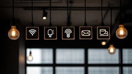 This image showcases modern light fixtures featuring icons for Wi-Fi, alerts, alarms, emails, and coffee in a stylish indoor environment, perfect for creative spaces.の素材