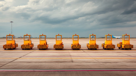 A striking scene of yellow tow tractors lined up on an airport runway, with a dramatic cloudy sky overhead, highlighting aviation infrastructure.の素材