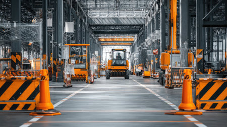 A vibrant interior view of a construction site in a large industrial warehouse featuring heavy machinery, safety barriers, and a well-organized workspace.の素材