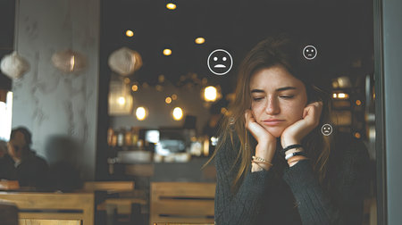 A young woman sits in a cozy cafe, displaying a range of emotions. The warm lighting creates a thoughtful atmosphere, ideal for introspection and meditation.の素材