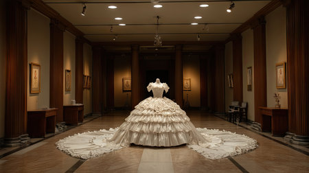A stunning display of an elegant white gown in a beautifully lit art gallery, showcasing intricate details and an atmosphere of refinement and artistry.の素材