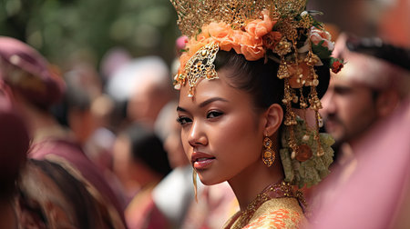 A striking portrait of a woman in traditional attire, adorned with an elaborate headdress and floral embellishments. Captured during a vibrant cultural festival, showcasing beauty and elegance.の素材