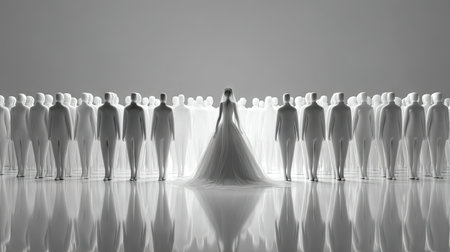 This stunning image features a bride in an elegant gown, standing amidst ghostly white silhouettes. The minimalist and ethereal setting creates a dreamlike atmosphere, emphasizing themes of unity and grace.の素材
