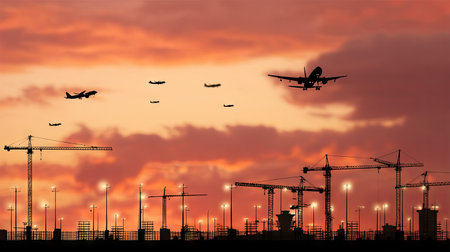 Breathtaking view of an urban airport at sunset, showcasing planes taking off and landing amidst construction cranes and vibrant colors in the sky.の素材