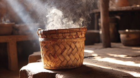 A beautifully woven basket emits steam in a rustic kitchen, enhanced by soft sunlight beams creating a serene and warm ambiance perfect for culinary traditions.の素材