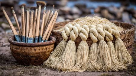 This image showcases a variety of traditional paintbrushes alongside bundles of natural yarn, all beautifully arranged in a woven basket. Perfect for themes of artistry.の素材