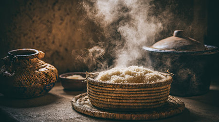A captivating image showcasing steam rising from a basket of freshly cooked rice, surrounded by clay pots and a rustic kitchen atmosphere.の素材
