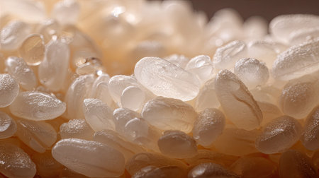 This close-up image captures a cluster of uncooked white rice grains, showcasing their smooth texture and natural sheen, ideal for culinary applications.の素材